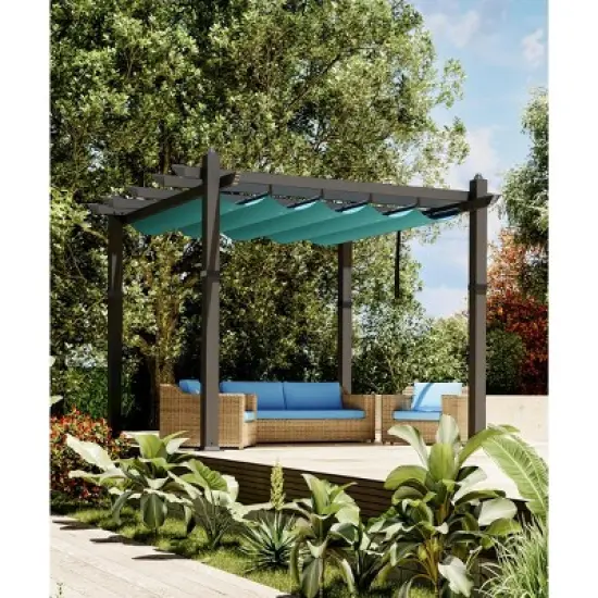 10x10 Ft Retractable Outdoor Pergola with Canopy, Upgraded Wood-Grain Aluminum Pergola, UV-Resistant Metal Shelter for Backyard, Patio, Porch image {2}