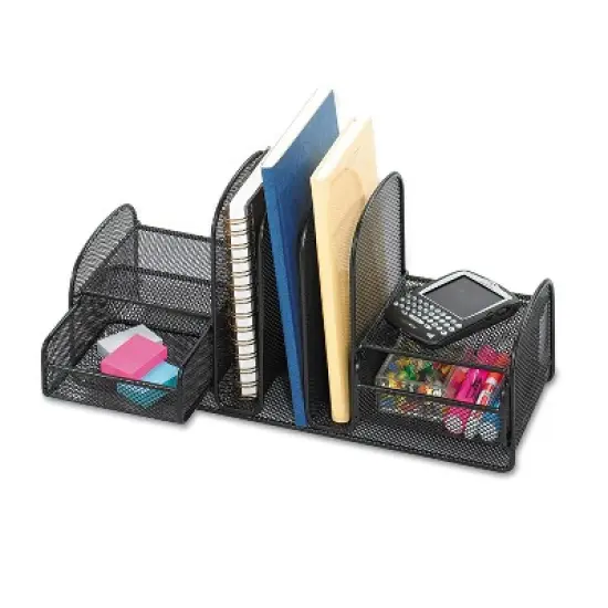 Safco Onyx Mesh Desk Organizer, Three Sections/Two Baskets, Steel Mesh, 17 x 6.75 x 7.75, Black image {1}