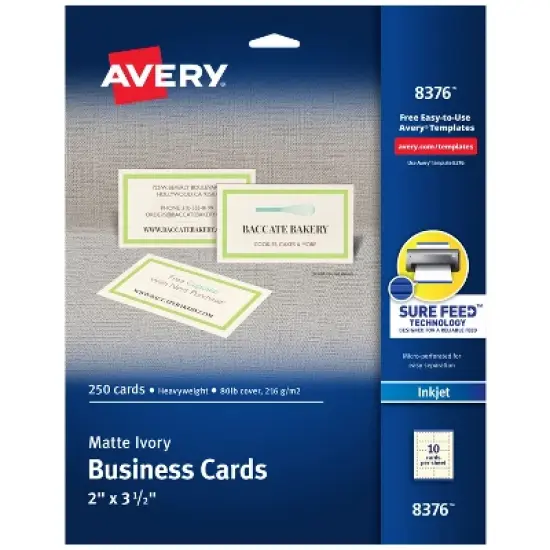 Avery Printable Business Cards with Sure Feed Technology, 2" x 3.5", Ivory, 250 Blank Cards for Inkjet Printers (08376) image {8}