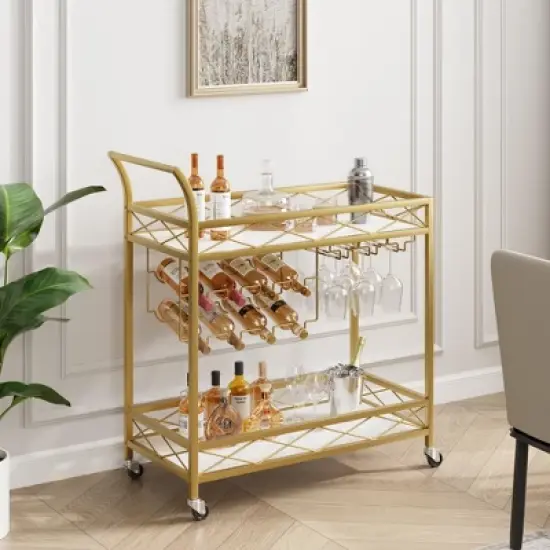 Gold Bar Carts with 2-Tiers Storage Shelves&pound;&not;Mobile Kitchen Seving Carts on Wheels image {2}