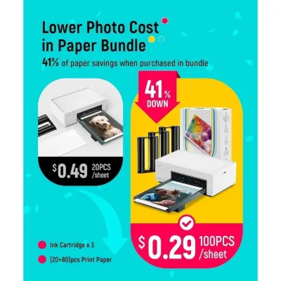 Liene Amber M100 4x6 Inch Color Photo Printer with 100 Sheets & 3 Ink Cartridge Refill image {1}