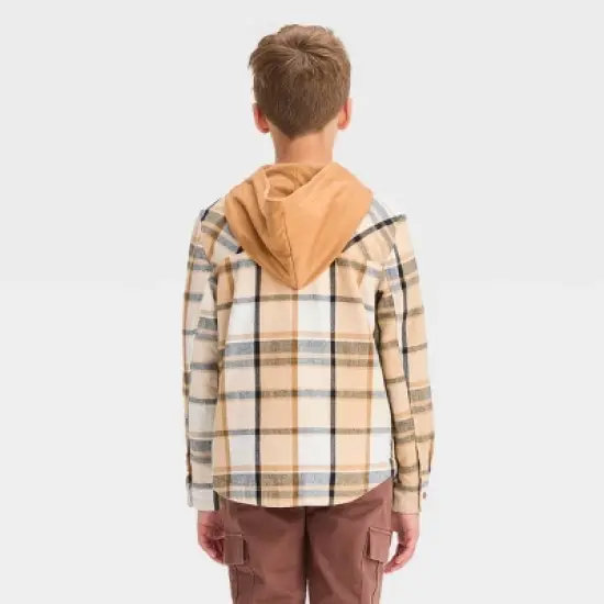 Boys' Long Sleeve Plaid Hoodie Shacket - Cat & Jack&trade; Beige image {1}