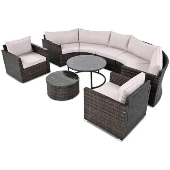 9-Piece Outdoor Patio Wicker Half-Moon Sectional Sofa Set with Nesting Coffee Table and 2 Armchair image {6}