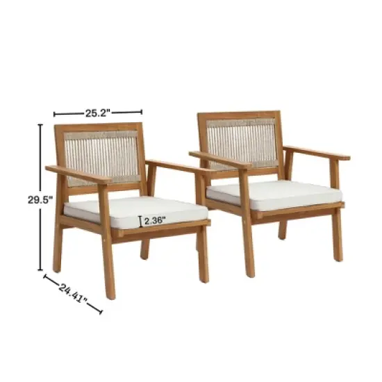 LuxenHome Outdoor Acacia Wood Rope Back Armchairs with Cushions, Set of 2 image {3}