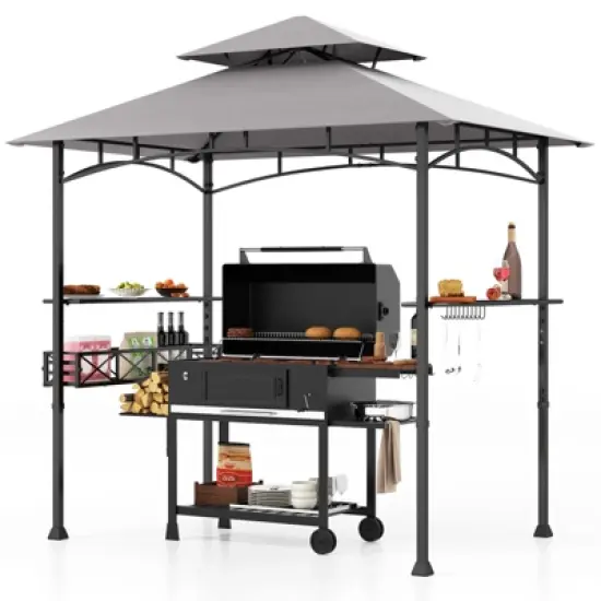 Tangkula 8 x 5 FT Outdoor Grill Gazebo Double Tiered BBQ Canopy Tent w/ 2 Side Shelves 20 Hooks Bottle Opener & Storage Basket image {9}