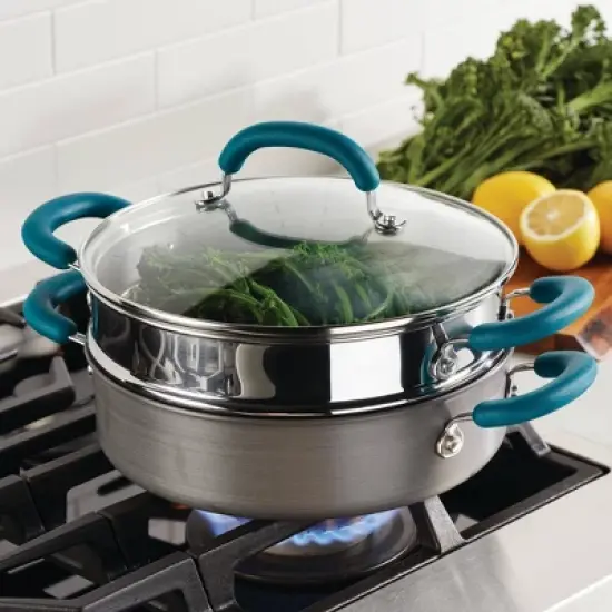 Rachael Ray Create Delicious 3qt Hard Anodized Nonstick Saute Pan with Steamer Teal Handles image {1}