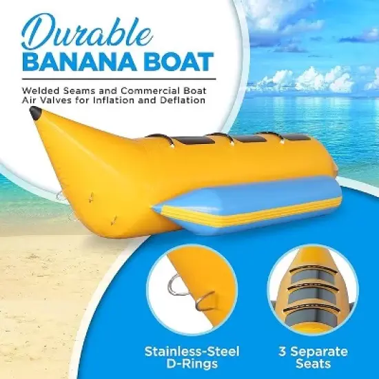 SereneLife Person Inflatable Banana Boat, Includes Storage Bag, Foot Pump, and Repair Kit, Tough and Thick, Reinforced Seats and Foot Areas image {2}