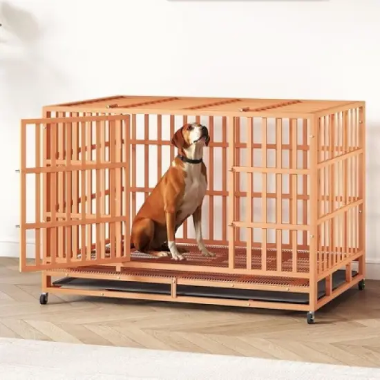 XBRIGH 48-Inch Blue\Orange\Green\Black Heavy Duty Dog Crate with Wheels, Sturdy Door Lock, Double Doors and Removable Tray Design image {11}