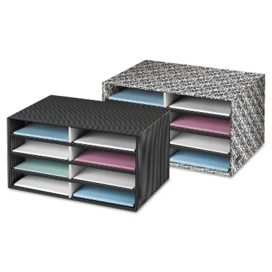 Bankers Box Decorative Sorter, 8 Letter Compartments, 19.5 x 12.38 x 10.25, Black/Gray Pinstripe image {1}
