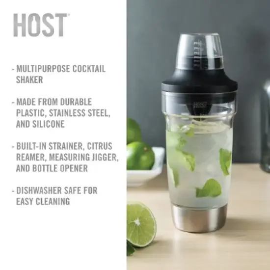 HOST All in One Cocktail Shaker Set|5 in 1 Tool - Jigger Cap|Strainer|Reamer|Stainless Steel Bottle Opener and Oz and mL Markers 18 oz Capacity, Clear image {1}