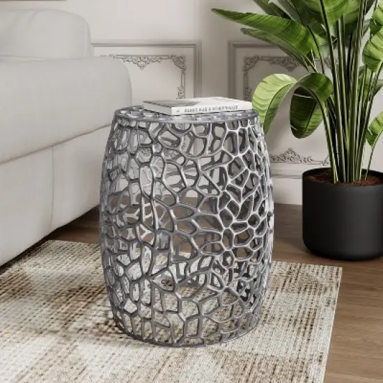Aluminum Drum End Table with Intricate Design-Silver Nickel image {6}