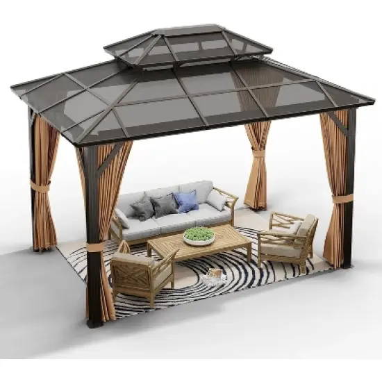 Hardtop Gazebo, Outdoor Polycarbonate Double Roof Canopy, Aluminum Frame Permanent Pavilion with Curtains image {2}