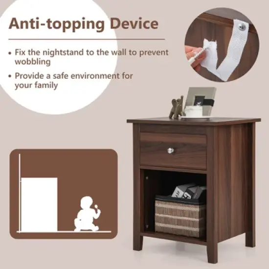 Costway Nightstand Bedside Table with Drawer & Open Shelf for Living Room Bedroom Walnut/Brown image {7}