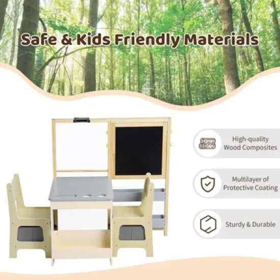 Wooden Easel for Kids, Kids Art Table and 2 Chairs,Art Center with Double-Sided Blackboard & Whiteboard, Paper Roll for Drawing image {6}