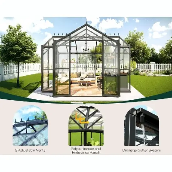 AMERLIFE 12x10x8 FT Greenhouse with Quick-Connect Frame, 2 Vents, Swing Doors, Walk-in, Black image {1}
