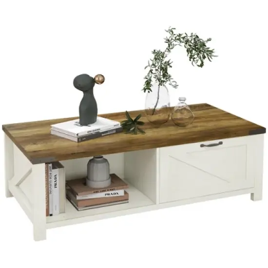 HOMCOM Farmhouse Coffee Table with Storage Drawer and Open Shelf, Rustic Coffee Table for Living Room image {9}