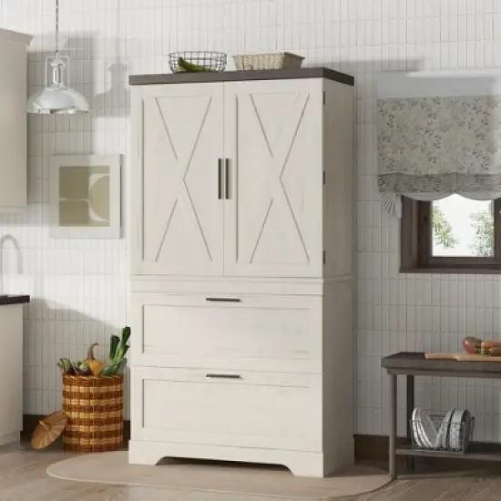 TIRAMISUBEST Farmhouse Style Wooden Kitchen Pantry Cabinet with Sturdy Frame with Inside Door Storage Divider with Drawers for Living Room, Entryway image {1}