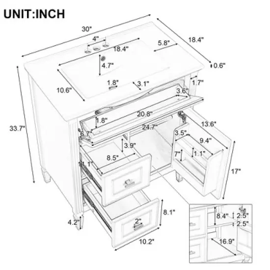 Whisen 30" Bathroom Vanity with Sink, 3 Drawers & Adjustable Shelf image {11}