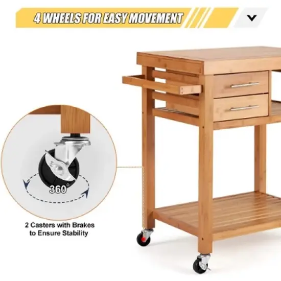 EROMMY Multipurpose Rolling Bamboo Wood Kitchen Island Trolley Cart with 2 Drawers, Open Storage Shelves, Towel Rack, and Locking Wheels, Natural image {3}