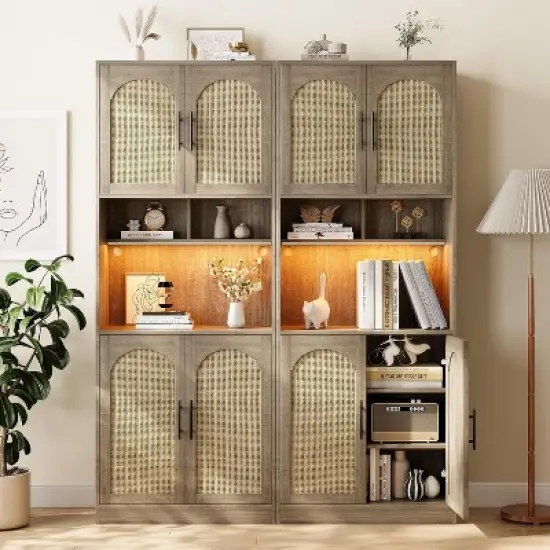 71" Pantry Cabinet, Tall Kitchen Hutch with Led Lights, Freestanding Kitchen Cabinet with Microwave Shelf, for Dining Room, Bathroom, Living Room image {2}