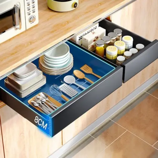 Expandable Carbon Steel Pull Out Cabinet Organizer, Slide Out Drawer with Adhesive for Kitchen, Pantry, Bathroom Vanity image {7}