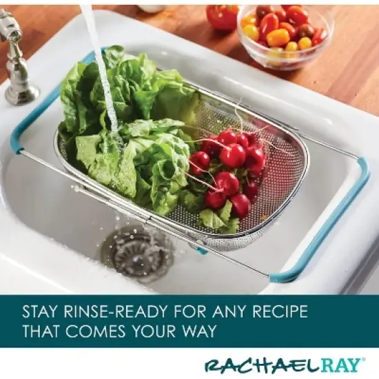 Rachael Ray Tools and Gadgets Over-The-Sink Colander/Strainer, 4.5 Quart, Stainless Steel with Agave Blue Handles image {5}