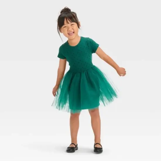 Toddler Girls' Dot Short Sleeve Knit Tulle Dress - Cat & Jack&trade; Green image {2}