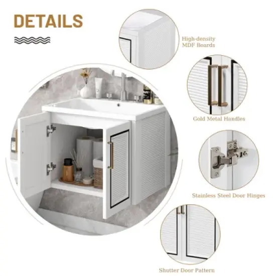 24" Wall Mounted Bathroom Vanity with Porcelain Sink and Two Shuttered Doors, White - ModernLuxe image {9}