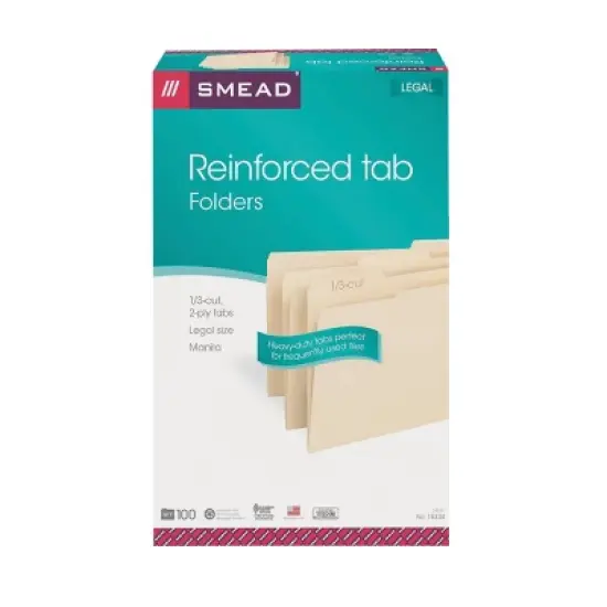 Smead File Folder, Reinforced 1/3-Cut Tab, Legal Size, Manila, 100 Per Box (15334) image {1}