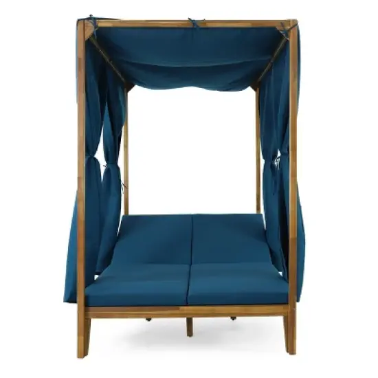 Christopher Knight Home Leaverton Outdoor Acacia Wood 2 Seater Adjustable Daybed with Curtains image {3}