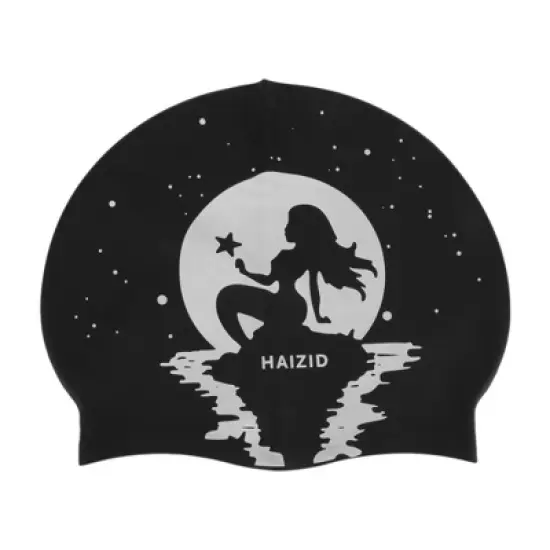 Unique Bargains Silicone Moon Mermaid Pattern Waterproof Swim Cap Black White 1 Pc image {6}