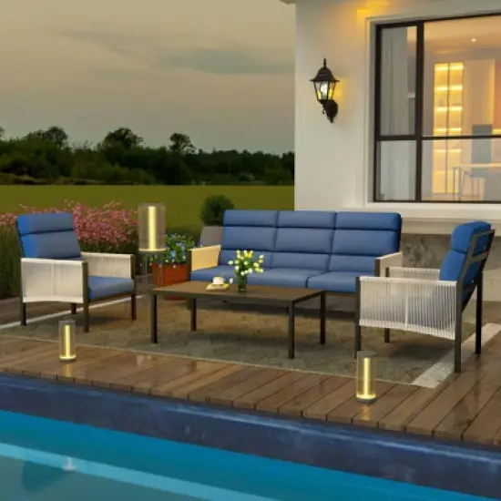 COWLOWN 4 Piece Blue Aluminum All Weather Modern Sectional Patio Furniture Set with Plush Thick Cushions image {8}