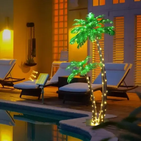LIGHTSHARE Twin Trunk Solar Lighted Palm Tree LED Outdoor Light Stakes Green image {3}
