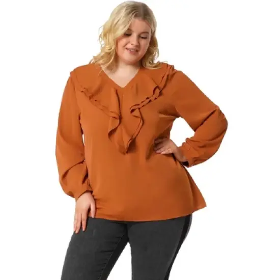 Agnes Orinda Women's Plus Size Work Fashion V Neck Chiffon Ruffle Top image {7}