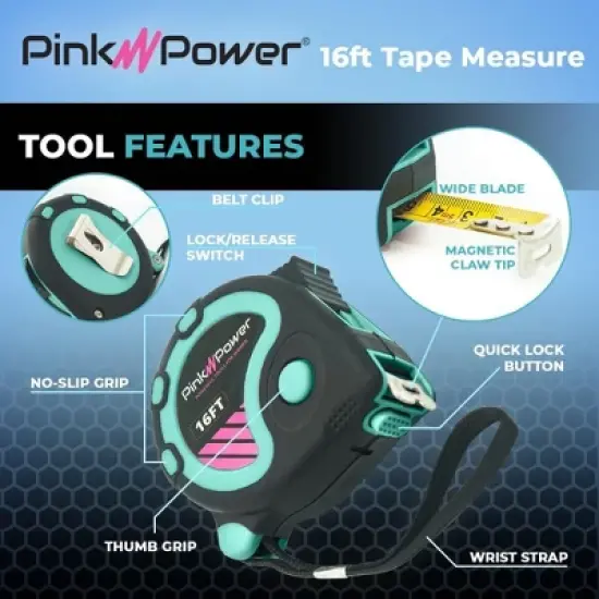 Pink Power 16 Ft Tape Measure with Fractions &ndash; Blue Heavy-Duty Small Measuring Tape Retractable with Easy-Read Markings, Self Centering Return image {1}