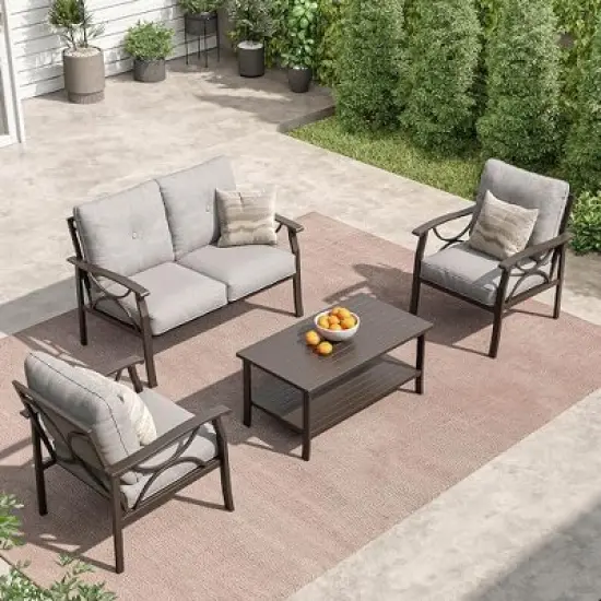 Heynemo Outdoor Patio Furniture Set, 4 Piece Patio Conversation Set with Coffee Table, Metal Furniture Set for Porch Backyard Garden, Coffee image {8}