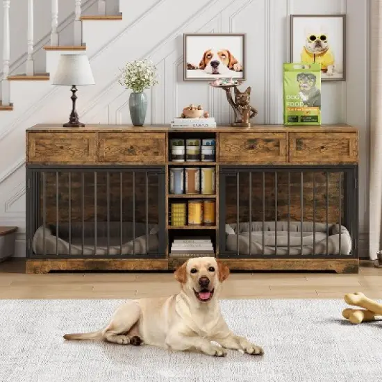 Acekool 82" Double Dog Crate Furniture TV Stand for 2 Large Dogs, 4 Drawers & Shelves, Indoor Dog Cabinet image {3}