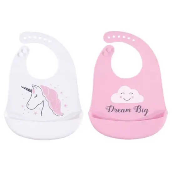 Hudson Baby Infant Girl Silicone Bibs 2pk, Unicorn, One Size image {1}