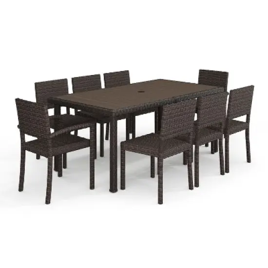 Martha Stewart Bedford 9-Piece Indoor-Outdoor Dining Set with 8 Stackable Dining Chairs and 71" Patio Table with Engineered Wood Top in Rattan Wicker image {12}