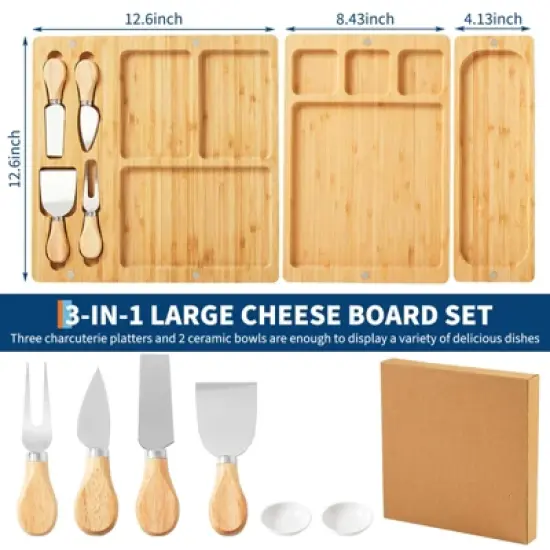 GustoWave 3-in-1 Large Cheese Cutting Board Set, Bamboo Food Cutting Board Gift Set with Knife Set, Party Dessert or Deli Cutting Board Set image {1}