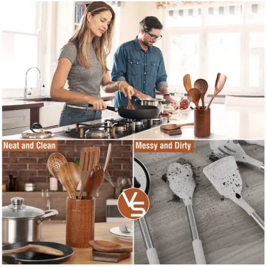 Itopfox 9-Piece Teak Wooden Kitchen Utensil Set with Spoon Rest, Comfort Grip Cooking Spoons & Utensil Holder for Easy Storage image {2}
