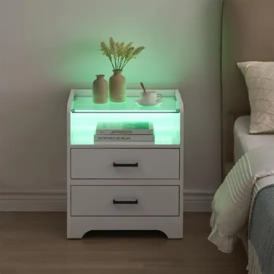 LED Night Stand with 2 Drawers - Smart End Side Table with Glass Top & LED Lights - Modern Bedside Table for Bedroom, Living Room & Dorm, White image {8}