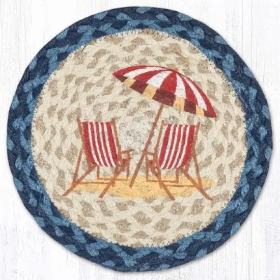 Earth Rugs Red Beach Chair Round Trivet &ndash; 10" Coastal Print on Natural Braided Jute Mat image {3}