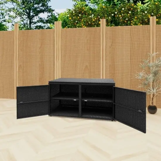 WELLFOR 88gal Outdoor Patio Garden Rattan Storage Box Black image {3}