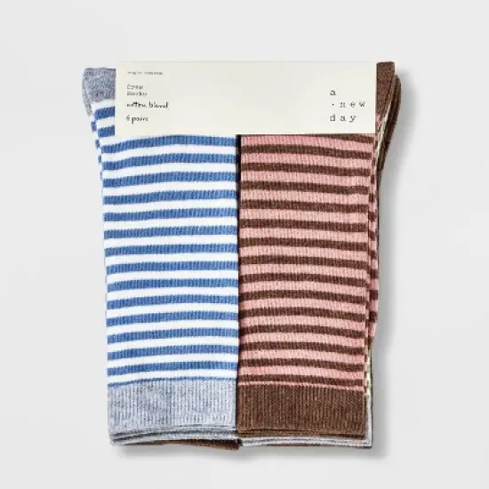 Women's Striped 6pk Crew Socks - A New Day&trade; Assorted Colors 4-10: Lightweight Knit Flat Seams image {1}