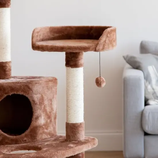 IRIS USA 3-Tier Plush Cat Tree with Hiding Place and Sisal Covered Rungs and Posts, Brown image {2}