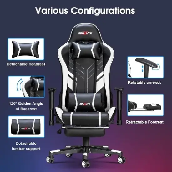 Douxlife Modern 7-Point Massage Ergonomic Gaming Chair with Footrest & Adjustable Armrests Black White image {2}