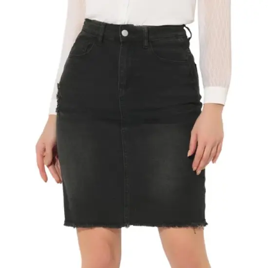 Allegra K Women's Basic Distressed High Waist Ripped Hem Washed Jeans Skirt image {15}