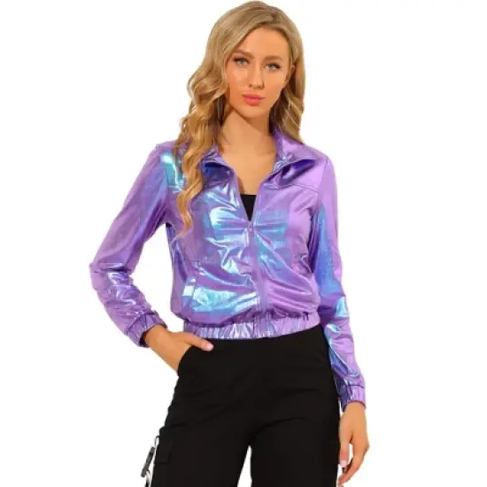 Allegra K Women's Track Holographic Shiny Long Sleeve Metallic Zip Front Jacket image {7}