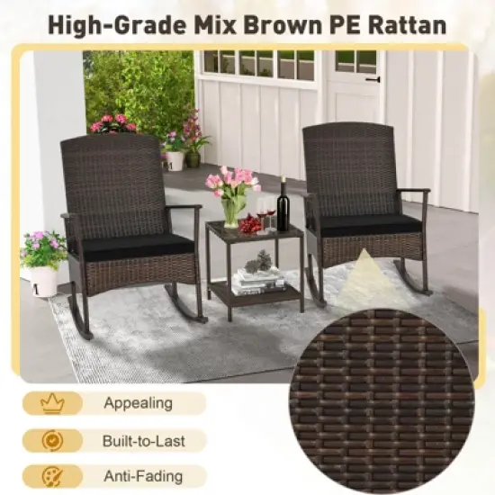 Costway 3 Piece Patio Rocking Set Wicker Rocking Chairs with 2-Tier Coffee Table Turquoise/Off White/Black image {6}